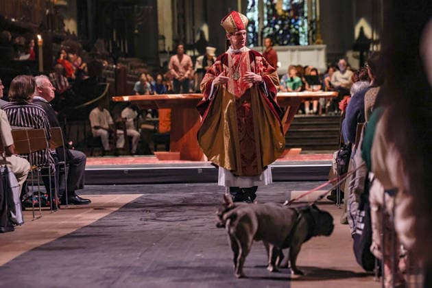 October 4, 2026, New York, New York, United States: The Right Reverend MATTHEW F. HEYD, Bishop of New York, speaks to the congregation as two dogs stand in the aisle during the annual St. Francis Day Blessing of the Earth and Animals at the Cathedral of St. John the Divine in New York. The celebration, honouring animals, the Earth and the natural world, also marked the 800th anniversary of the death of St. Francis of Assisi. New York United States  - ZUMAo116 20261004_znp_o116_038 Copyright: xBiancaxOterox