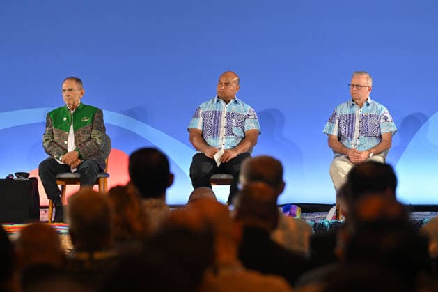 ANTHONY ALBANESE PRECOP MEETING, Timor-Leste™s President Jose Ramos Horta, Nauru™s President David Adeang and Australia™s Prime Minister Anthony Albanese during a traditional welcome ceremony during the Pre-Cop31 meeting in Fiji, Monday, October 5, 2026. ( NO ARCHIVING NADI Fiji  Copyright: xMICKxTSIKASx 20261005122684743627