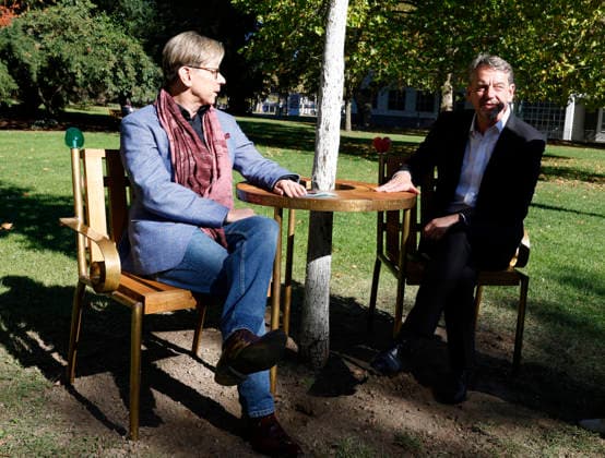 Frankfurt Impressions 05 10 2026 Opening of Havel’s Place in Metzlerpark, Frankfurt As part of the Frankfurt Book Fair, an installation consisting of two chairs at a table—intended as a place for encounters. Here are Tomas Kub
