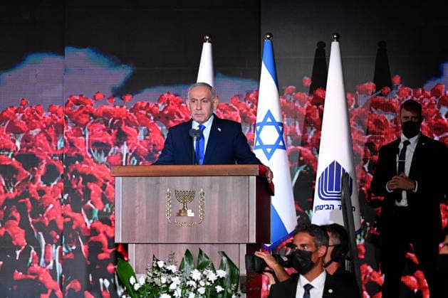 Israeli Prime Minister Benjamin Netanyahu speaks at the State Memorial Ceremony for the three year anniversary of the October 7, 2023, Hamas attack, in remembrance of Israel Defense Forces and security members who fell in the War of Redemption in the Mt. Herzl Cemetery, Jerusalem, on Monday, October 5, 2026.  JER2026100508 DEBBIExHILL