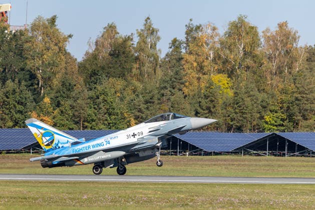Eurofighter at Nuremberg Airport: German Air Force Practices Dispersed Operations, Nuremberg, October 5, 2026 A Eurofighter Typhoon from the German Air Force’s Tactical Wing 74, featuring a special 65 Years Fighter Wing 74 livery, is preparing to land at the airport. The German Air Force is conducting tests there to how fighter jets and o 20261005-1V9A1040-M4000