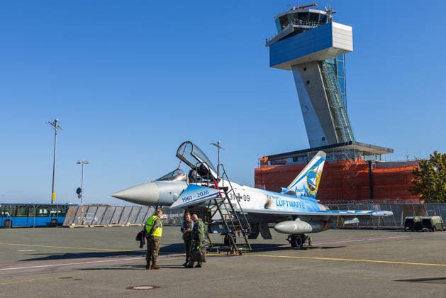 Eurofighter at Nuremberg Airport: German Air Force Practices Dispersed Operations, Nuremberg, October 5, 2026 A German Air Force Eurofighter Typhoon in the 1961–2026 anniversary livery with tail number 31 09 is parked on the tarmac at the airport. The German Air Force is testing how Eurofighters and operational forc 20261005-286A0203-M4000