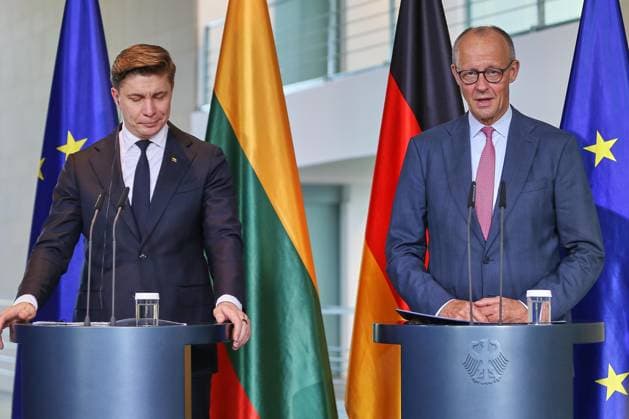 Berlin, Germany, October 5, 2026: The Federal Chancellery hosts a joint press conference with Lithuanian Prime Minister Mindaugas Sinkevicius and Federal Chancellor Friedrich Merz (CDU) Copyright: xdtsxNachrichtenagenturx dts_137190