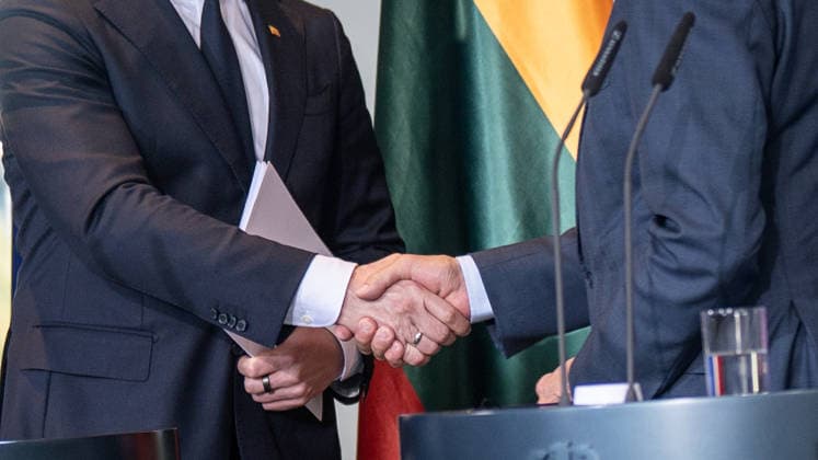 Chancellor Friedrich Merz (right) with his guest Mindaugas Sinkevicius, Prime Minister of Lithuania, at the Federal Chancellery; joint press statements; Chancellor hosts Prime Minister of the Republic of Lithuania at the Federal Chancellery, Berlin, Germany; Federal Chancellery