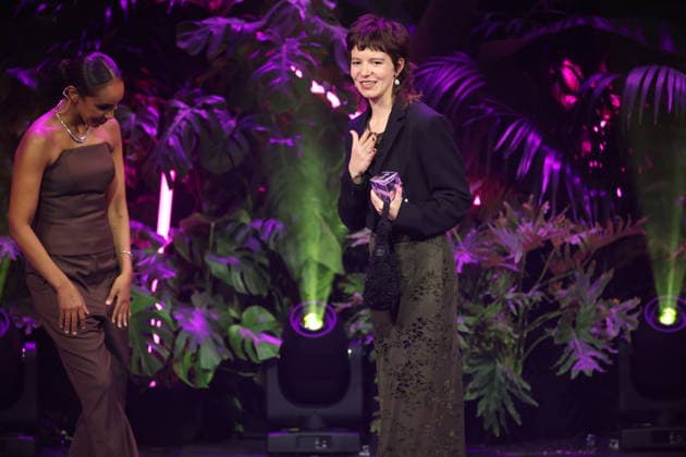 FIRST STEPS 2026 Götz George Young Talent Award: Laudation by Hadnet Tesfai and Götz George Young Talent Award winner Georgia Rushton in EGGSHELLS on stage at the FIRST STEPS 2026 awards ceremony at the Theater des Westens in Berlin Copyright: xEventpressxFuhrx