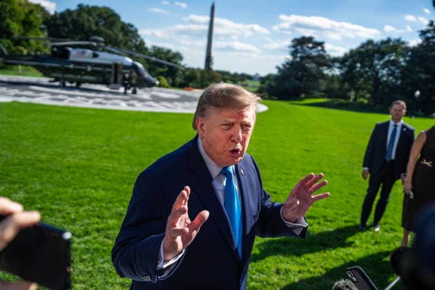 White House Departure 10 05 26 UNITED STATES - OCTOBER 5: President Donald Trump speaks with reporters on the South Lawn of the White House before boarding Marine One en route to Nebraska on Monday, October 5, 2026. (Tom Williams CQ Roll Call) Washington DC United States EDITORIAL USE ONLY Copyright: x2026xCQ-RollxCall,xInc.x TomxWilliamsx rollcallpix173142