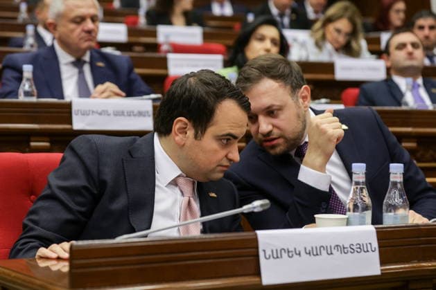 ARMENIA, YEREVAN - OCTOBER 6, 2026: The Strong Armenia Party Head Narek Karpetyan (L) and Secretary Tigran Abrahamyan are pictured during the 2nd session of the Armenian National Assembly of the 9th convocation Yerevan Armenia  - ZUMAt113 20261006_zaa_t113_024 Copyright: xAlexanderxPatrinx