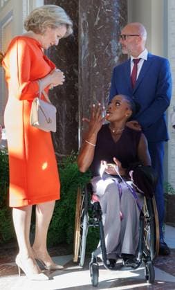 Queen Mathilde of Belgium and Belgian Paralympian athlete Lea Bayekula pictured during a royal meeting with the top Belgian athletes who have distinguished themselves over the past two years, at Laken Royal Castle, on Tuesday 6 October 2026. This concerns athletes who won a medal at a European or World Championship in an Olympic or Paralympic discipline, as well as Belgian athletes who have distinguished themselves exceptionally at the world level.  BENOITxDOPPAGNE 188888211
