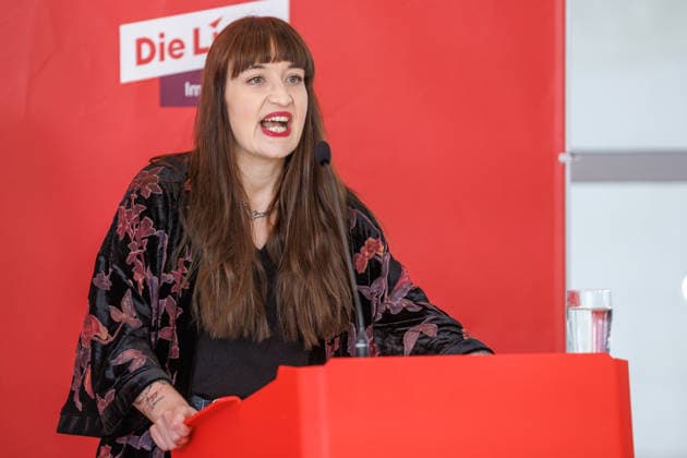 Statement by Die Linke s Heidi Reichinnek during a Die Linke press conference on October 6, 2026, in Berlin, Berlin, Berlin, Germany, Reichstag