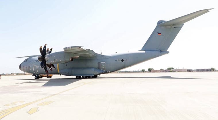 RECORD DATE NOT STATED German Air Force participates in the air combat exercise ˜Tarang Shakti 2026™ Jodhpur, Oct 06 (ANI): A view of a German A400M military transport aircraft deployed during the air combat exercise ˜Tarang Shakti 2026, in Jodhpur on Tuesday. (ANI Video Grab) Jodhpur Rajasthan India Copyright: xANIx ANI_20261006295