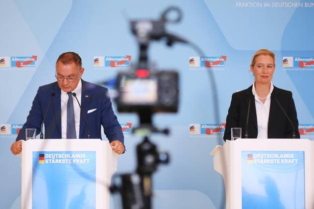 Berlin, Germany, October 6, 2026 German Bundestag AfD caucus meeting Tino Chrupalla and Alice Weidel during a press statement Copyright: xdtsxNachrichtenagenturx dts_137322