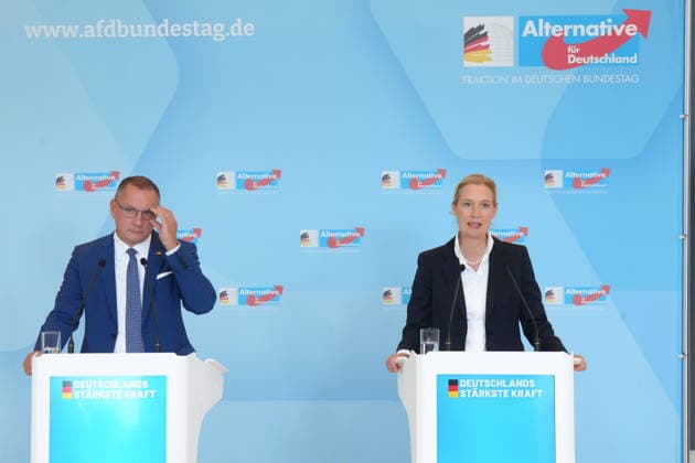 Press conference by the AfD chairpersons ahead of the parliamentary group meeting: AfD chairpersons Alice Weidel and Tino Chrupalla during a press statement ahead of the parliamentary group meeting in the German Bundestag, Berlin, October 6, 2026, Berlin, Germany