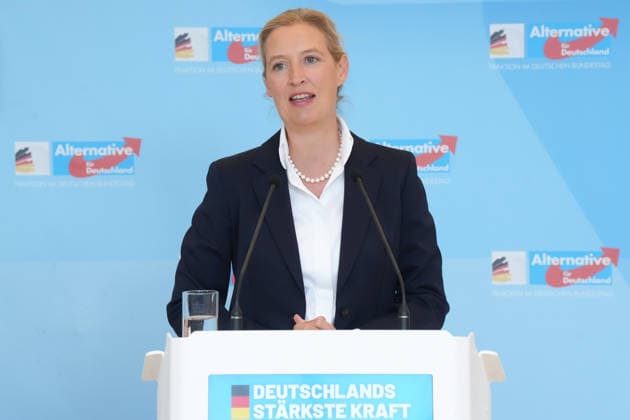 Press conference by the AfD chairwoman ahead of the parliamentary group meeting: Alice Weidel, AfD, pictured during a press statement ahead of the AfD parliamentary group meeting in the German Bundestag, Berlin, October 6, 2026, Berlin, Berlin, Germany