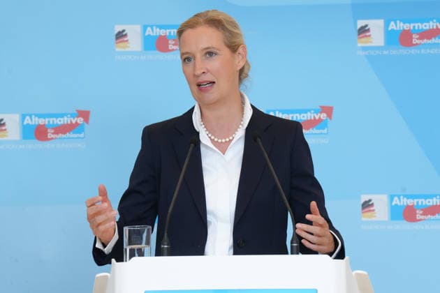 Press conference by the AfD chairwoman ahead of the parliamentary group meeting: Alice Weidel of the AfD is pictured gesturing during a press statement ahead of the AfD parliamentary group meeting in the German Bundestag, Berlin, October 6, 2026, Berlin, Berlin, Germany