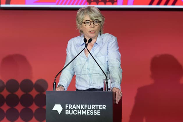 Frankfurt Book Fair 2026: Jill Lepore, an American historian and author, speaks during the opening press conference of the Frankfurt Book Fair 2026, Frankfurt am Main, Hesse, Germany, at the exhibition grounds.