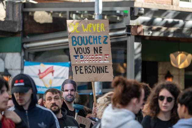 A slogan saying De Wever, Bouchez vous ne trumpez personne as students gather outside several schools in Liege during a protest against education reforms and budget cuts, on Tuesday 6 October 2026. Yesterday police arrested 16 people after the protests turned violent. The protests in French-speaking Belgium have been ongoing for months, following a series of reforms and budget cuts introduced by the French Community Government.  JONASxROOSENS 188912133