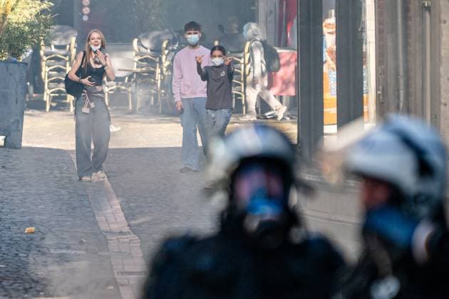 Youths and children confront riot police as students gather outside several schools in Liege during a protest against education reforms and budget cuts, on Tuesday 6 October 2026. Yesterday police arrested 16 people after the protests turned violent. The protests in French-speaking Belgium have been ongoing for months, following a series of reforms and budget cuts introduced by the French Community Government.  JONASxROOSENS 188939140