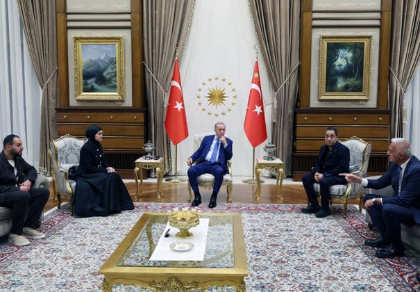 Turkish President Recep Tayyip Erdogan ANKARA, TURKIYE - OCTOBER 6 : (----EDITORIAL USE ONLY - MANDATORY CREDIT - TURKISH PRESIDENCY MURAT CETINMUHURDAR HANDOUT - NO MARKETING NO ADVERTISING CAMPAIGNS - DISTRIBUTED AS A SERVICE TO CLIENTS----) Turkish President Recep Tayyip Erdogan receives the family of Hind Rajab, a six-year-old Palestinian girl killed in an Israeli attack while trapped in a car in Gaza, at the Presidential Complex in Ankara, Turkiye on October 6, 2026. TUR Presidency Murat Cetinmuhurdar Anadolu Ankara Turkey. Editorial use only. Please get in touch for any other usage.  Copyright: x2026xAnadoluxTURxPresidency MuratxCetinmuhurdarx