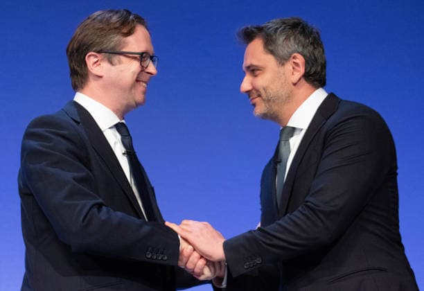 October 6, 2026, Birmingham, United Kingdom: Alex Burghart Shadow Secretary of State for Northern Ireland greets Yehor Cherniev, Ukrainian MP. The session Defending Britain in a More Dangerous World took place on the main stage at the Conservative Party Conference at the ICC Birmingham. It featured key shadow cabinet figures including Tom Tugendhat, Helen Whately , James Cartlidge, and Alex Burghart , as well as a performance by St Mary s Ukrainian School choir. They were also joined by Yehor Cherniev, Ukrainian MP and Professor Niall Ferguson Birmingham United Kingdom  - ZUMAs197 20261006_aaa_s197_107 Copyright: xGaryxRobertsx