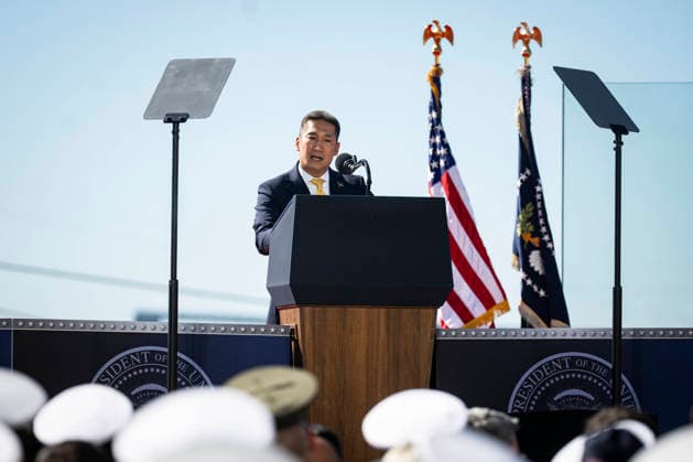 Acting Secretary of the Navy Hung Cao speaks during an event at Tradepoint Atlantic in Sparrows Point, Maryland on Tuesday, Oct. 6, 2026. Anduril is in advanced talks to build an autonomous surface-vessel factory at Tradepoint Atlantic, which would give the company an East Coast hub alongside its Foss Maritime shipyard in Seattle and undersea-vehicle factory at Quonset Business Park in Rhode Island.  BAL20261006113 AlxDrago