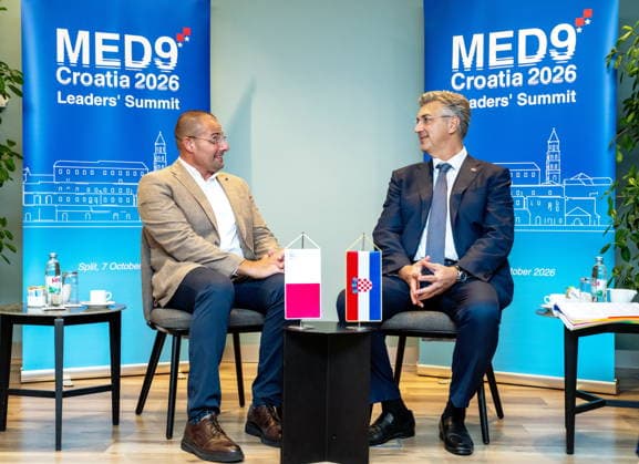 Croatia, Split, 06.10.2026. Radisson Blu Resort and Spa Hotel. Bilateral meeting between Prime Minister Andrej Plenkovic and Prime Minister of Malta Robert Abel on the sidelines of the MED9 summit. In the photo: Robert Abel, Andrej Plenkovic. Photo: Tom Dubravec CROPIX Split CROATIA Copyright: xxTomxDubravecx plenkovic_abel4-061026