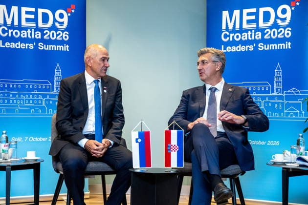 Croatia, Split, 06.10.2026. Radisson Blu Resort and Spa Hotel. Bilateral meeting between Prime Minister Andrej Plenkovic and Slovenian Prime Minister Janez Jansa on the sidelines of the MED9 summit. In the photo: Janez Jansa, Andrej Plenkovic. Photo: Tom Dubravec CROPIX Split CROATIA Copyright: xxTomxDubravecx plenkovic_jansa8-061026