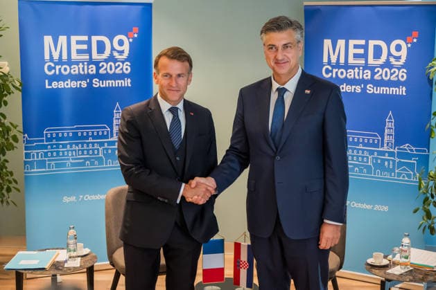 EU MED9 Bilateral meet Plenkovic - Macron Croatian Prime Minister Andrej Plenkovic meets French President Emmanuel Macron during bilateral meetings on the sidelines of the EU MED9 summit in Split, Croatia on October 7, 2027.  ZvonimirxBarisin PIXSELL