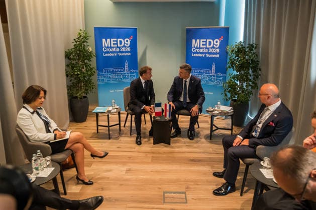 EU MED9 Bilateral meet Plenkovic - Macron Croatian Prime Minister Andrej Plenkovic meets French President Emmanuel Macron during bilateral meetings on the sidelines of the EU MED9 summit in Split, Croatia on October 7, 2027.  ZvonimirxBarisin PIXSELL