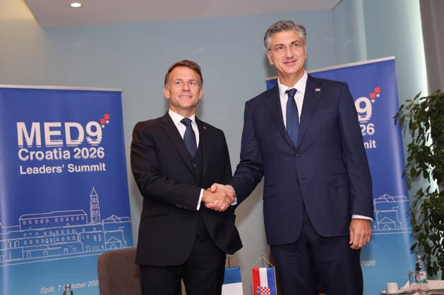 EU MED9 Bilateral meet Plenkovic - Macron Croatian Prime Minister Andrej Plenkovic meets French President Emmanuel Macron during bilateral meetings on the sidelines of the EU MED9 summit in Split, Croatia on October 7, 2027.  IvanaxIvanovic PIXSELL