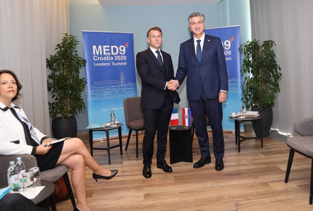 EU MED9 Bilateral meet Plenkovic - Macron Croatian Prime Minister Andrej Plenkovic meets French President Emmanuel Macron during bilateral meetings on the sidelines of the EU MED9 summit in Split, Croatia on October 7, 2027.  IvanaxIvanovic PIXSELL