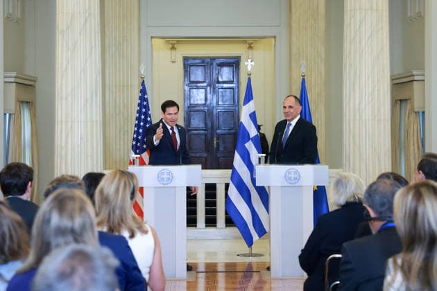 Greek Foreign Minister Giorgos Gerapetritis, US Secretary of State Marco Rubio hold joint press conference in Athens ATHENS, GREECE - OCTOBER 07: Greek Foreign Minister Giorgos Gerapetritis (R) and US Secretary of State Marco Rubio (L) hold a joint press conference at the Foreign Ministry in Athens, Greece, on October 07, 2026. Costas Baltas Anadolu Athens Greece. Editorial use only. Please get in touch for any other usage.  Copyright: x2026xAnadoluxCostasxBaltasx