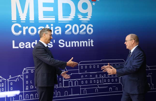 EU MED9 Prime Minister of Croatia Andrej Plenkovic welcomes Prince Albert II of Monaco for EU MED9 summit at Split, Croatia on October 7, 2026.  IvoxCagalj PIXSELL