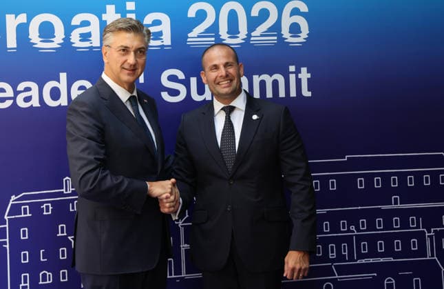 EU MED9 Prime Minister of Croatia Andrej Plenkovic welcomes Prime Minister of Malta Robert Abela for EU MED9 summit at Split, Croatia on October 7, 2026.  IvoxCagalj PIXSELL