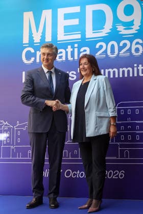 EU MED9 Prime Minister of Croatia Andrej Plenkovic welcomes European Commissioner for the Mediterranean Dubravka Suca for EU MED9 summit at Split, Croatia on October 7, 2026.  IvanaxIvanovic PIXSELL