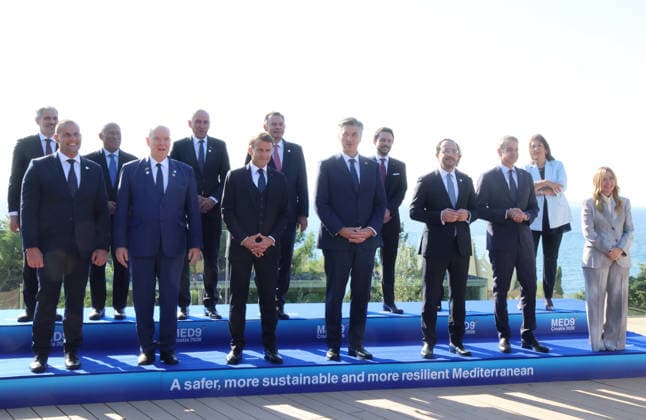 EU MED9 Prime Minister of Spain Fernando Sampedro Marcos, Prime Minister of Malta Robert Abela, President of the European Council Antonio Costa, Prince Albert II of Monaco, Prime Minister of Slovenia Janez Jansa, President of France Emmanuel Macron, Prime Minister of Portugal Luis Montenegro, Prime Minister of Croatia Andrej Plenkovic, Crown Prince of Jordan Al Hussein bin Abdullah II, President of Cyprus Nikos Christodoulides, President of the European Commission Ursula von der Leyen, Prime Minister of Greece Kyriakos Mitsotakis, European Commissioner for the Mediterranean Dubravka Suica and Prime Minister of Italy Giorgia Meloni pose for a family photo during EU MED9 Summit in Split Croatia on October 7, 2026. IvoxCagalj PIXSELL