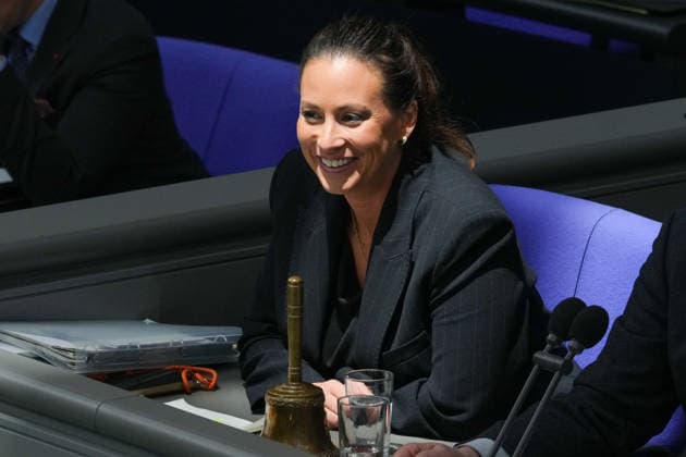 German Bundestag, 98th Plenary Session: Caroline Bosbach (CDU) during her first appearance as secretary at her seat on the presiding board in the plenary chamber during the 98th session of the German Bundestag in Berlin, October 7, 2026, Berlin, Germany