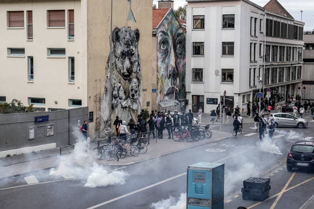 Protest against eduction conditions in Nancy NANCY, FRANCE - OCTOBER 7: Police intervene at the scene using tear gas as students take to the streets to protest education conditions in Nancy, France, on October 7, 2026. Students are taking part in a nationwide high-school mobilization over school conditions and demands for greater education resources, while security units remain deployed around several locations in the city. Muhammed Said Tako Anadolu Nancy France. Editorial use only. Please get in touch for any other usage.  Copyright: x2026xAnadoluxMuhammedxSaidxTakox