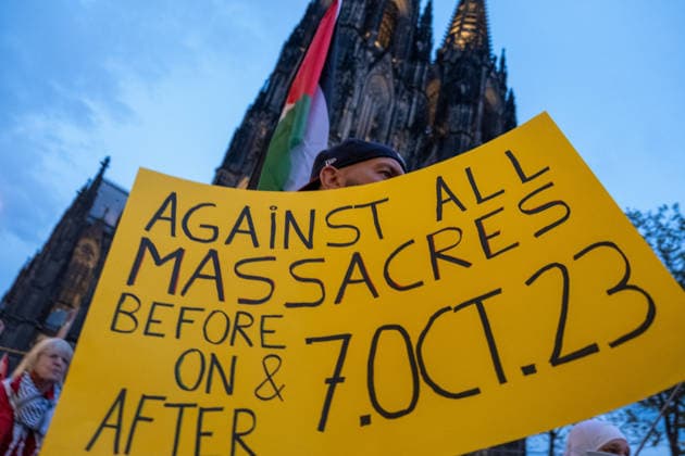 October 7, 2026, Cologne, Nrw, Germany: Multiple hundreds of people took part in a demonstration in Cologne marking the third anniversary of October 7, 2023, protesting IsraelÃ¢â‚¬â ¢s military campaign and genocidal intervention in Gaza. A smaller counter-protest took place without reported confrontations between the two groups...Police intervened and stopped the demonstration multiple times before protesters were held inside a police cage for approximately two hours. Officers later opened a corridor and allowed them to leave in small groups. During the dispersal, police arrested around 10 protesters, who were later released from custody. Cologne Germany  - ZUMAm356 20261007_zip_m356_001 Copyright: xMouafakxMahmaljix