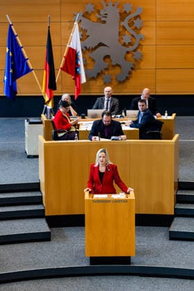 October 8, 2026, GER, News: Politics, 8th Legislative Session, 57th Plenary Session in the Plenary Hall of the Thuringian State Parliament. Pictured: Beate Meissner (CDU), Minister of Justice, Migration, and Consumer Protection, delivering a government statement on justice and migration policy in Thuringia. We Love the Rule of Law. 99096 Erfurt, Thuringian State Parliament, Thuringia