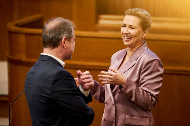 Opening debate in the Danish Parliament: Prime Minister Mette Frederiksen and Minister of Justice Nicolai Wammen, both of the Social Democratic Party, before the opening debate in the Parliament Hall at Christiansborg on Thursday, October 8, 2026. Photo by Thomas Traasdahl, Ritzau Scanpix, Copenhagen, Denmark  Copyright: RitzauxScanpix ThomasxTraasdahlx spdk20261008-085044-L