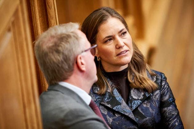 Opening debate in the Danish Parliament: Morten Boedskov of the Social Democratic Party and Marie Bjerre of the Liberal Party during the opening debate in the Folketing Hall at Christiansborg on Thursday, October 8, 2026. Photo by Thomas Traasdahl, Ritzau Scanpix, Copenhagen, Denmark  Copyright: RitzauxScanpix ThomasxTraasdahlx spdk20261008-112321-L