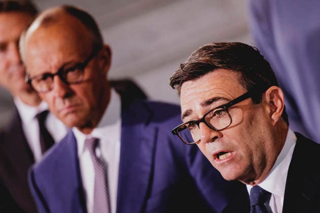 L R Friedrich Merz, CDU, Chancellor of Germany, and Andrew Burnham, Prime Minister of the United Kingdom, photographed during a press conference in Berlin, October 8, 2026, Berlin, Germany Copyright: xFlorianxGaertnerx
