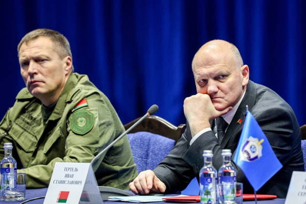 BELARUS, MINSK - OCTOBER 8, 2026: Deputy State Secretary of the Security Council of Belarus Alexander Neverovsky (L) and Chairman of the State Security Committee of Belarus Ivan Tertel attend a meeting before the final phase of the Eurasia-Antiterror 2026 counter-terrorism exercise by relevant agencies of the CIS and SCO member states. The drill is held as part of the 2026 CIS and SCO Counter-Terrorism Forum. Maxim Malinovsky TASS  98946395