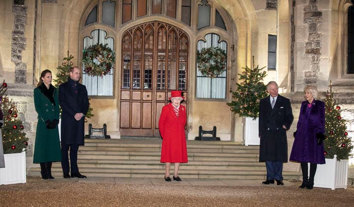 British royals around Queen Elizabeth II in front of Windsor Castle