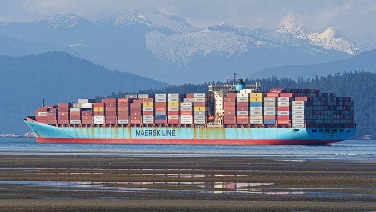 Canada, container ship Anna Maersk lies at anchor in Burrard Inlet off Vancouver