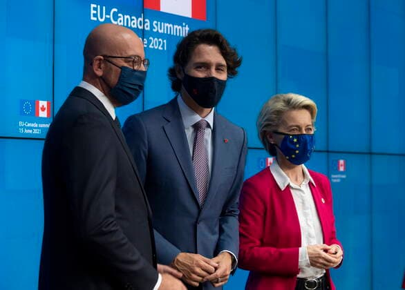 EU-Canada Summit in Brussels, Charles Michel and Ursula von der Leyen receive Justin Trudeau