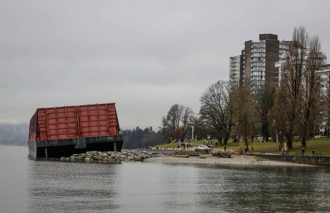 Canada, Ship run aground in storm at Sunset Beach in Vancouver