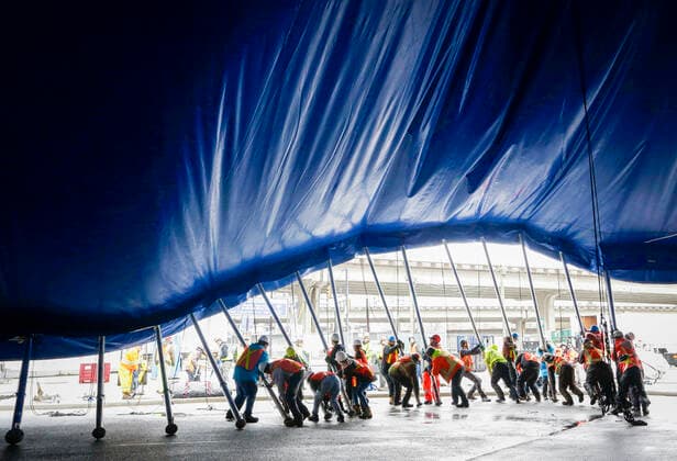 Canada, workers install tent for Cirque du Soleil in Vancouver