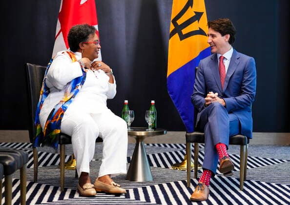 USA, Summit of the Americas in Los Angeles, Barbados Premier Mia Mottley meets Canada Premier Justin Trudeau