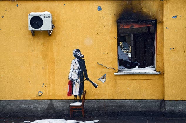 Ukraine, Banksy image cut out of house wall, archive images